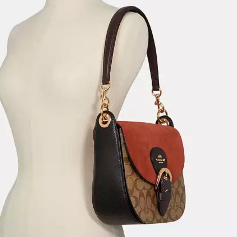 New Coach bag in color block shoulder crossbody leather suede signature canevas